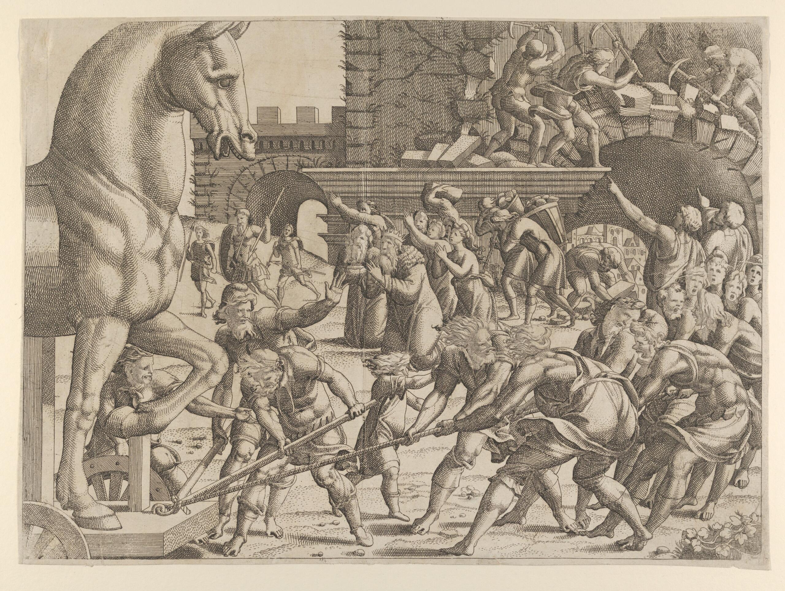 The Trojans Bring the Wooden Horse into Their City, 1535–55French, etching; 12 15/16 x 17 9/16 in. (32.9 x 44.6 cm)